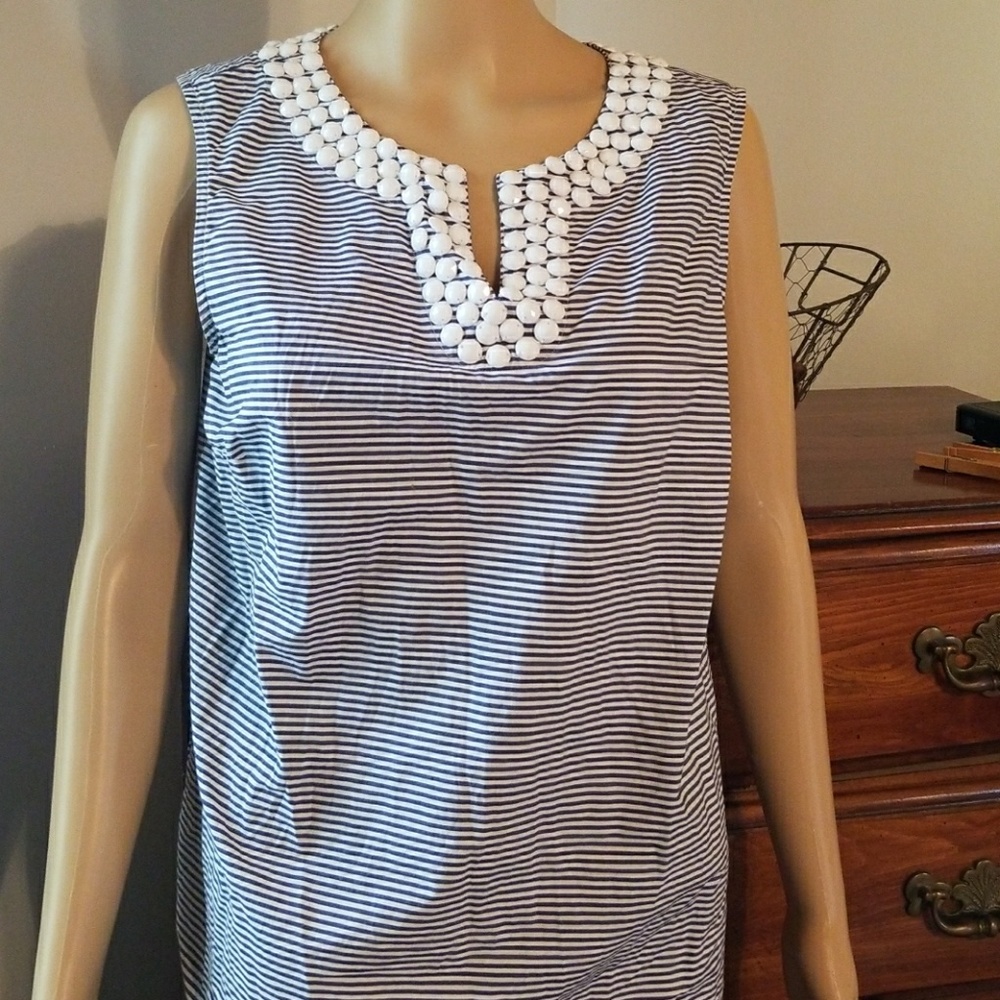 Talbot blue and white tank top with white beading